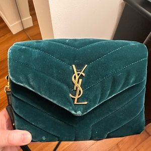 Authentic Saint Laurent Velvet Y Quilted Monogram Toy Loulou Chain Satchel Green